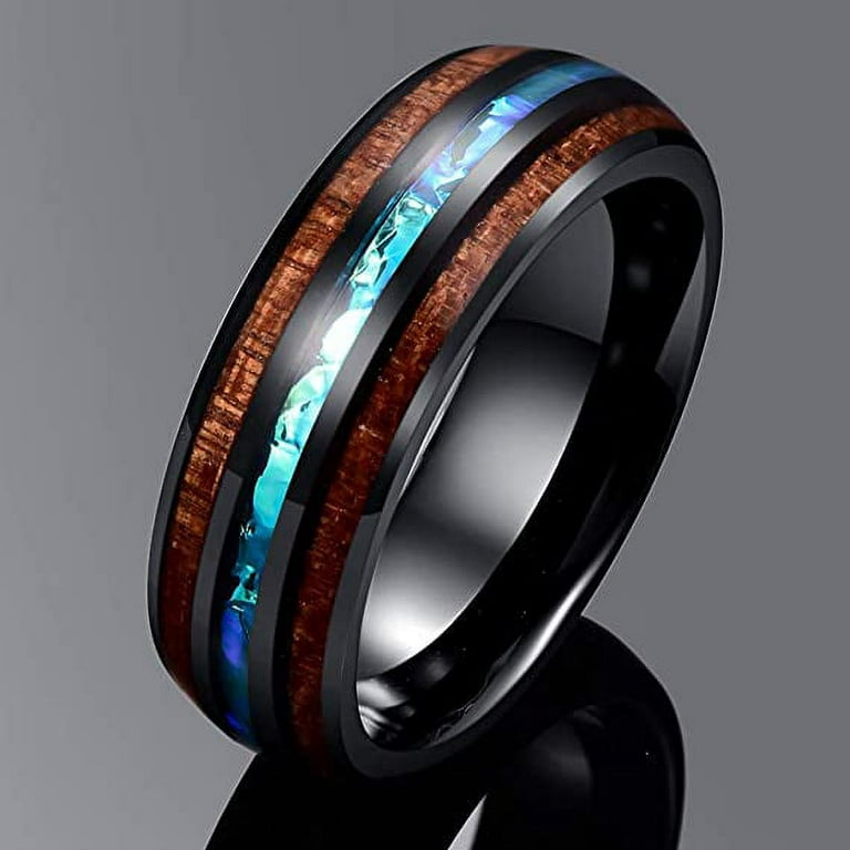 Tungsten / Abalone / Koa Wood Men's Wedding Band: Comfort Fit, 6mm, 8mm, 7.5 / 6mm