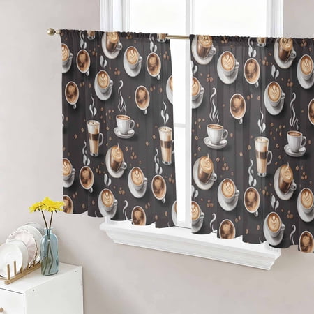 Coffee Sheer Curtains 54 Inch Length 2 Panels Set Window Treatments Hot Cafe Cup Beans Modern Retro Black Rod Pocket Semi Curtains for Living Room/Bedroom/Kitchen D&eacute;cor 104 W x 54 L