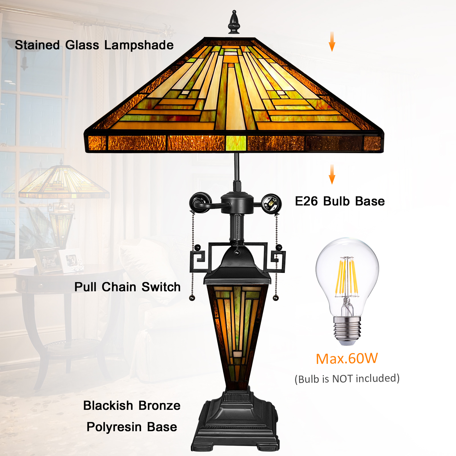 Tiffany Lamp Stained Glass Table Lamp 16x16x24 Inches 3-Light Style Mother-Daughter Vase Desk Reading Light Decor for Home Office Bedroom Living Room