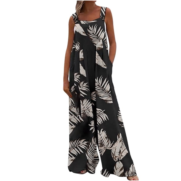 Moda mujer Casual estampado hombro botón tirantes mono ancho bolsillo pierna pantalón Fridja alkflakhf37771