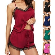 Fairnull 2 Pcs/Set Lady Pajamas Set Solid Color Lace Patchwork V Neck Lady Night Clothes for Home