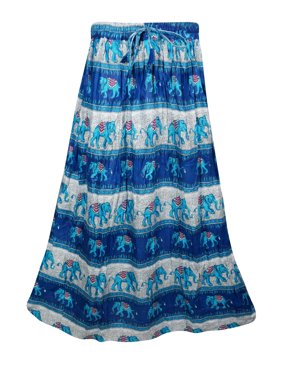 Mogul Womens Bohemian Long Skirt Blue Elephant Print A-line Cotton Blend Comfy Boho Style Gypsy Skirts