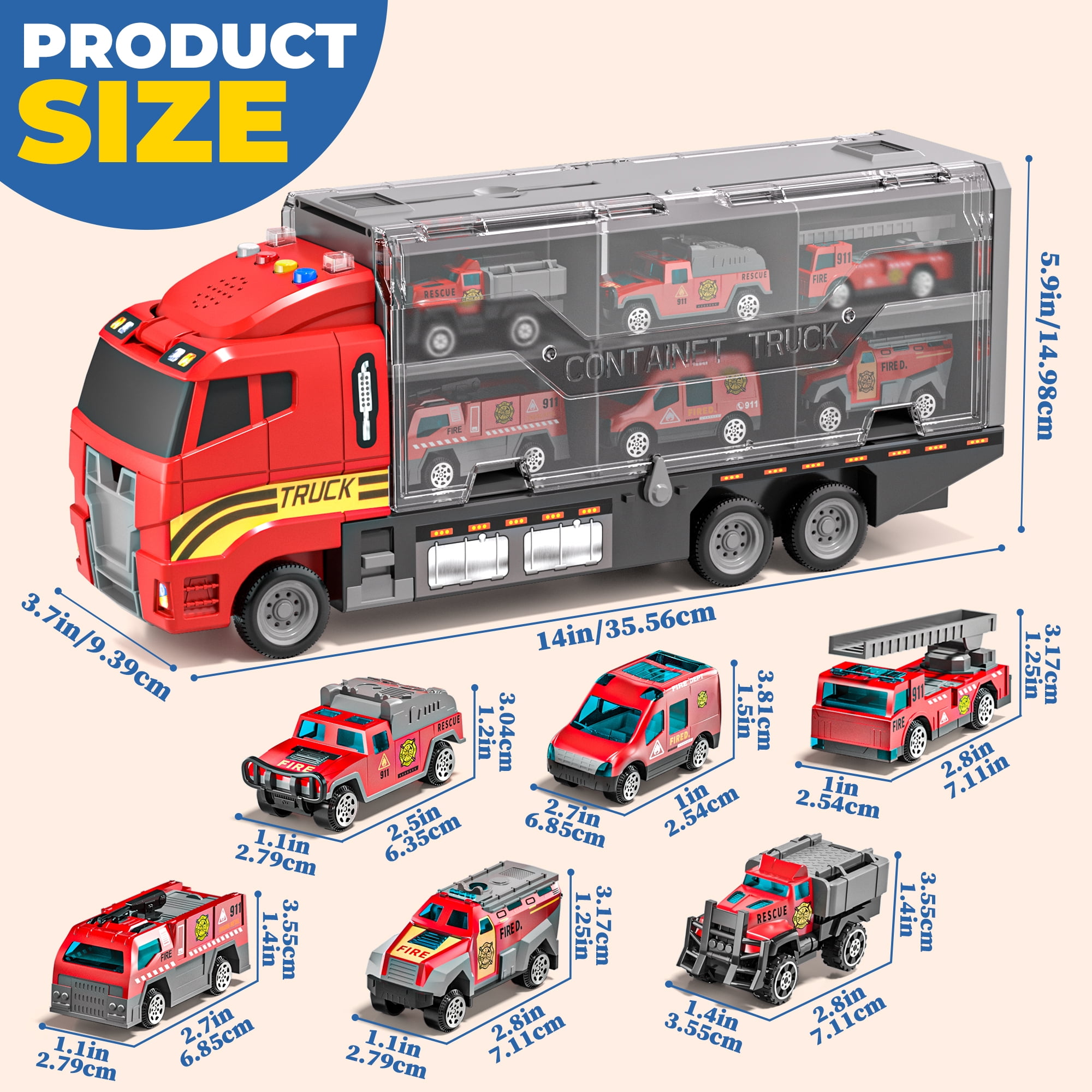 Lucky Doug Fire Truck Vehicle Set with Die-Cast Cars, Lights and