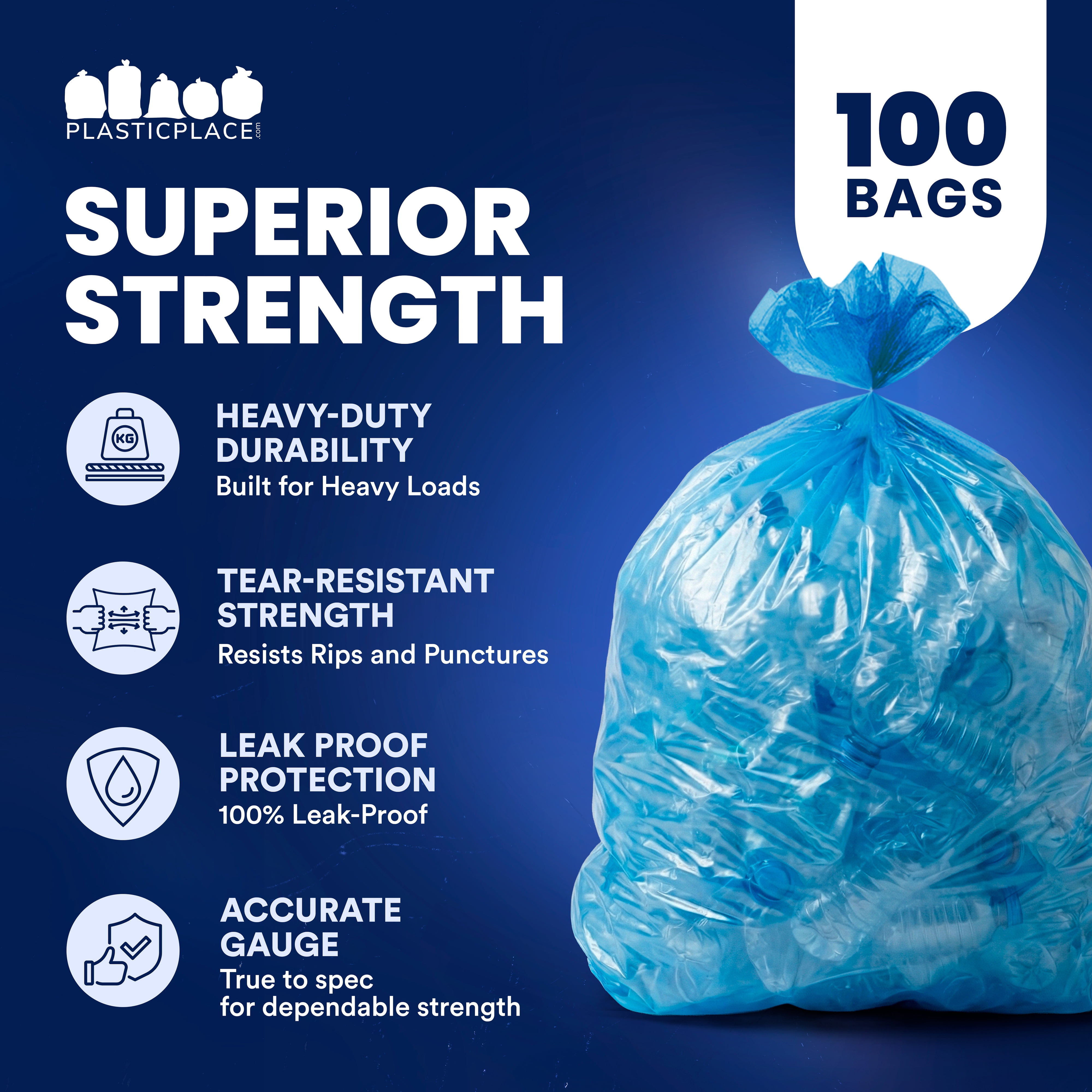 Plasticplace 55-60 Gallon Blue Recycling Trash Bags, 1.2 Mil, 38"x55" Garbage Can Liners, 100 Count