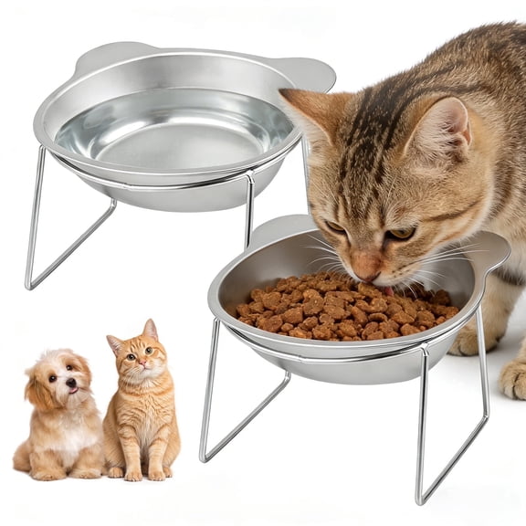 Evjurcn Elevated Cat Bowls, Anti Vomiting Cat Bowl with 15° Tilted Stand, Whisker Friendly Stainless Steel Raised Pet Feeder for Indoor Cats, 2 Pack