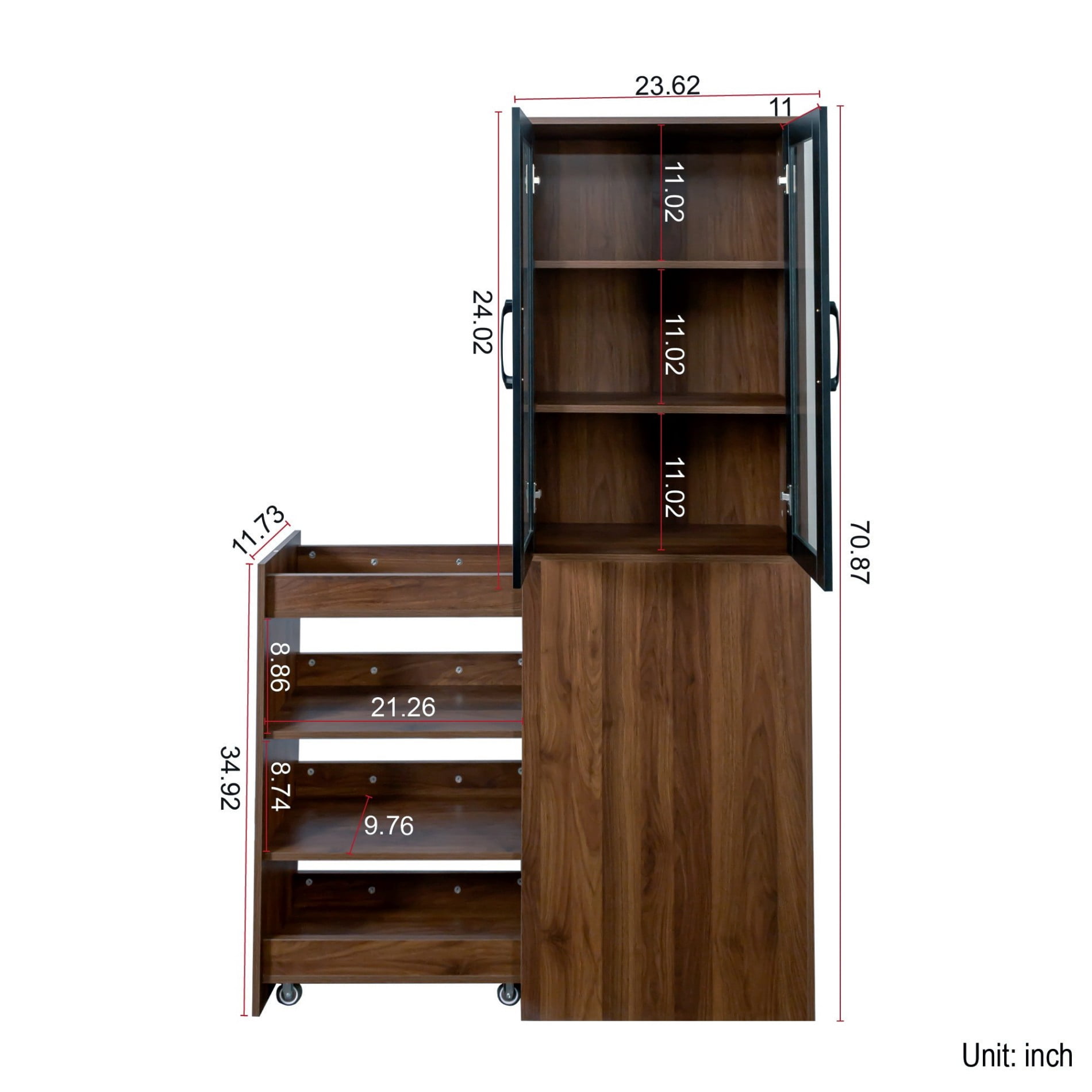 70.8" Tall Pantry Cabinet with Glass Doors, Pull-Out Shelves Storage Cabinet, 4 Tier Display Bookcase with Sliding Organizer, Freestanding Kitchen Storage Cabinet for Living Room, Dining Room, Walnut