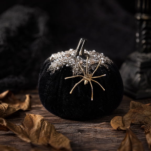 3.9 Inch Black Flocked Velvet Pumpkin Halloween Decoration Rhinestone Accent Artificial Tabletop Centerpiece Ornament Fall Home Decor Set