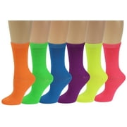 Sumona 6 Pairs Women Fancy Design Solid Neon Color Crew Socks