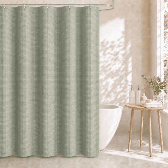 Dznils Waffle Shower Curtain with Hooks, Thick Weighted Fabric Bathroom Curtain, Green, 72" x 72"