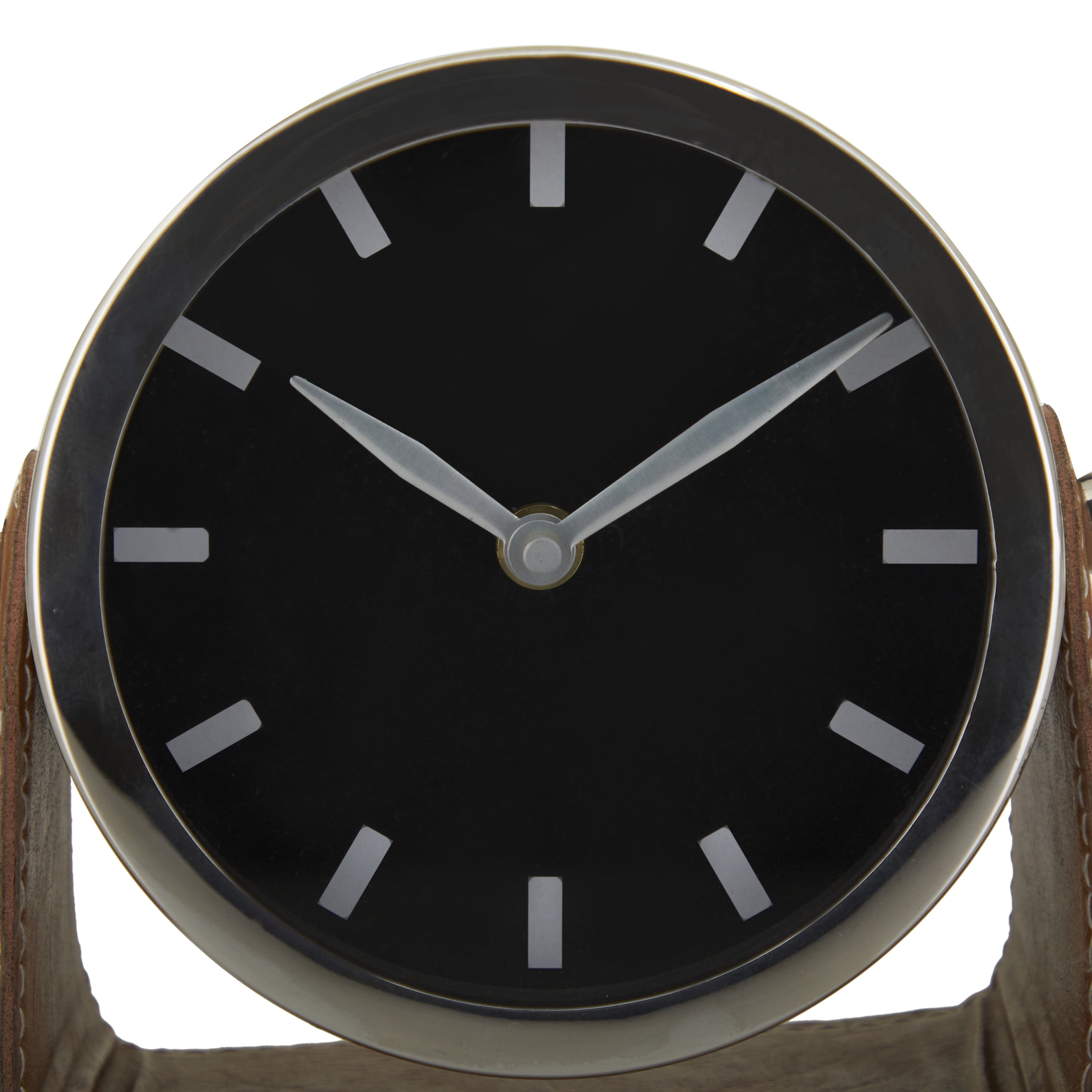 DecMode Stainless Steel Modern Round Decorative Desk Clock 6"W x 6"H, with Metallic Silver and Leathery Brown Stand