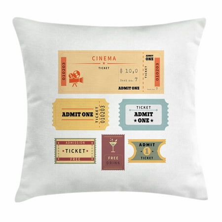 Movie Theater Throw Pillow Cushion Cover, A Set of Retro Cinema and Other Events Tickets for One Vintage Illustration, Decorative Square Accent Pillow Case, 16 X 16 Inches, Multicolor, by