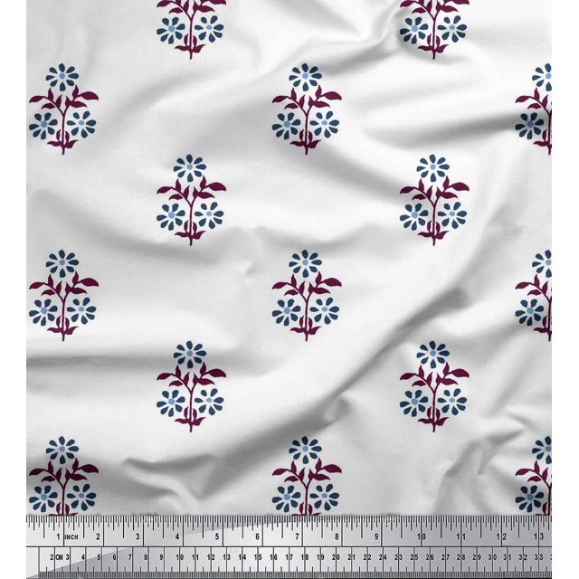 Soimoi Polyester Crepe Fabric Leaves & Floral Block Printed Fabric 1 Yard 42 Inch Wide