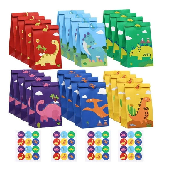 12Pcs Dinosaur Gift Bags with 24Stickers,Dinosaur Pattern Paper Treat Wrap Bags Party Favor Gift Supplies for Dinosaur Theme Birthday Party