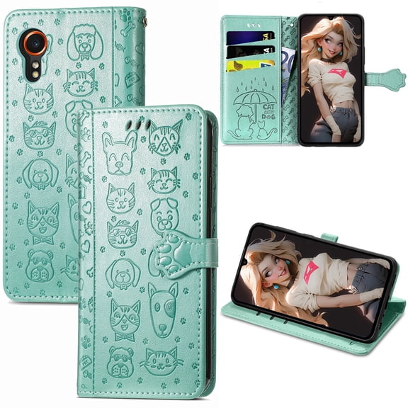 CCSmall for Samsung Galaxy Xcover7 Wallet Case with Card Holder for Women, Cute Cat Dog Cartoon Style PU Leather Flip Phone Cover Case with Kickstand for Samsung Xcover7 MG Green