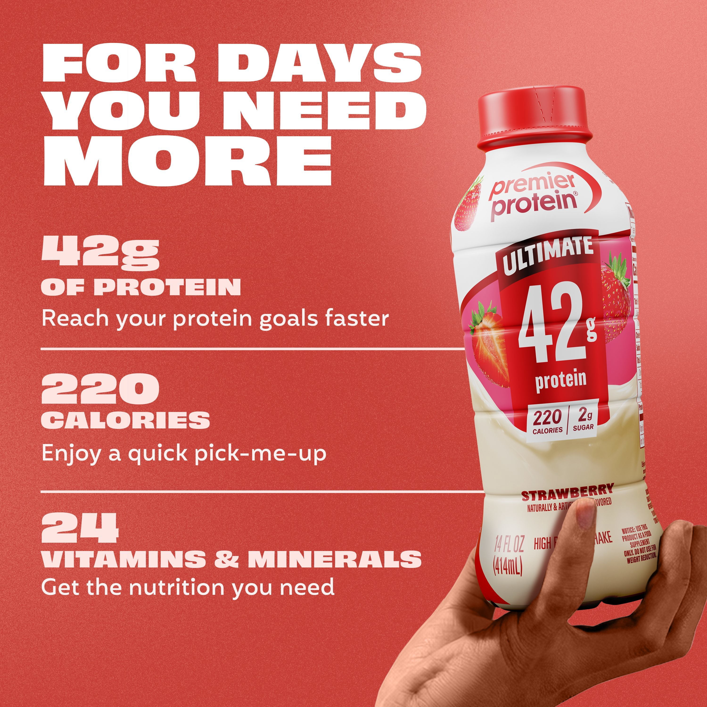 Premier Protein, Ultimate 42g Protein Shake, Strawberry, 14 Fl Oz, 12 Ct