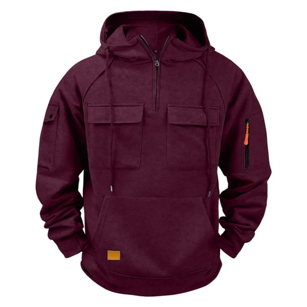 Dolkfu Sudadera con capucha de color sólido para hombre, sudadera de fitness con cuarto de cremallera y múltiples bolsillos, ropa deportiva para hombre XL