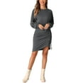 thumbnail image 2 of INSPIRE CHIC Women's Crew Neck Ruched Drawstring Long Sleeve Casual Mini Dress, 2 of 4