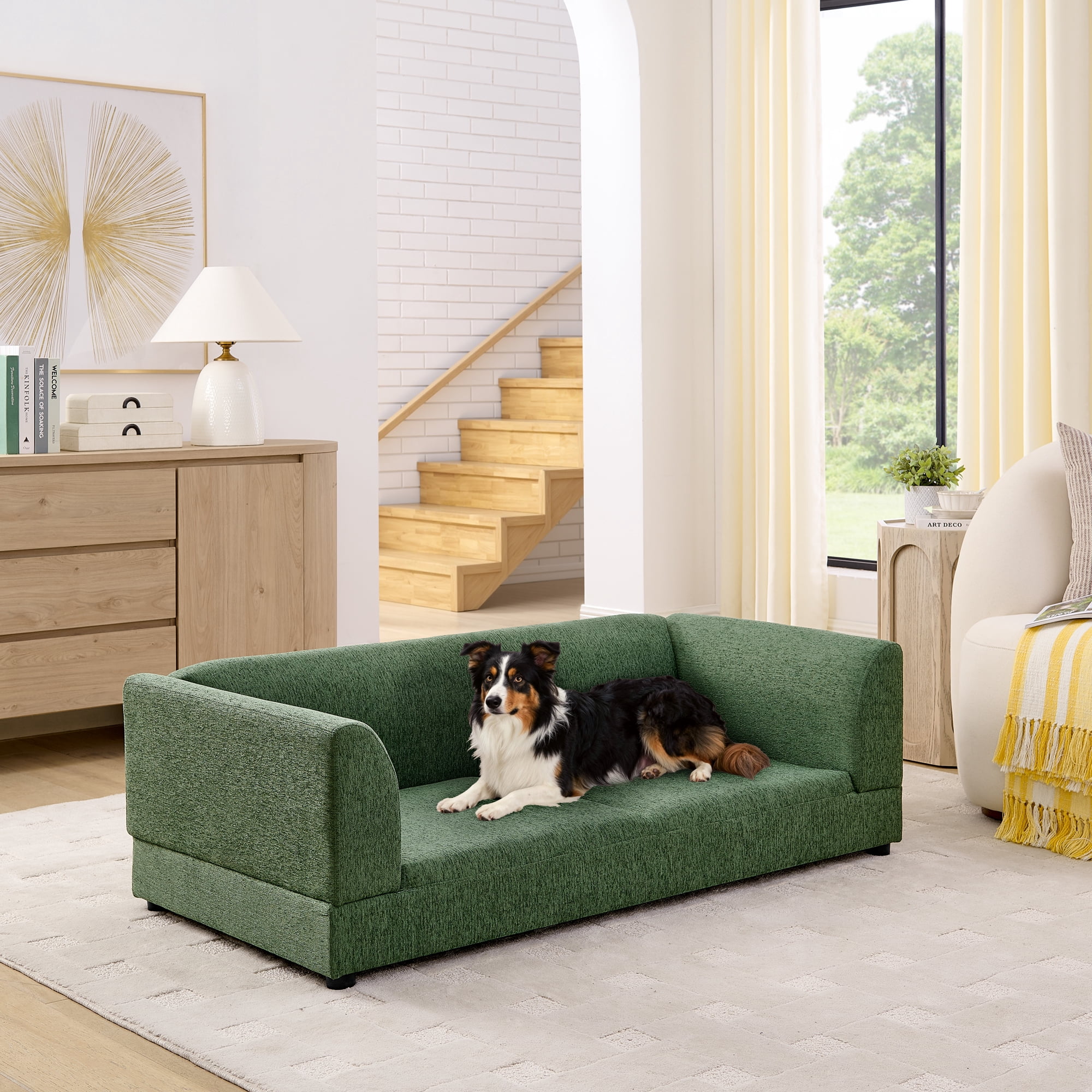 Oversized Pet Sofa for Medium/Large Dogs, Modern Rectangular Design with Backrest, Armrests & Soft Cushion, Olive Green (56.5"*26"*17")