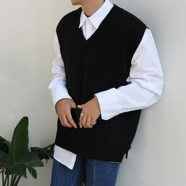 Suéter de cuello en V para hombre, suéter de punto suelto de moda, chaleco sin mangas de otoño