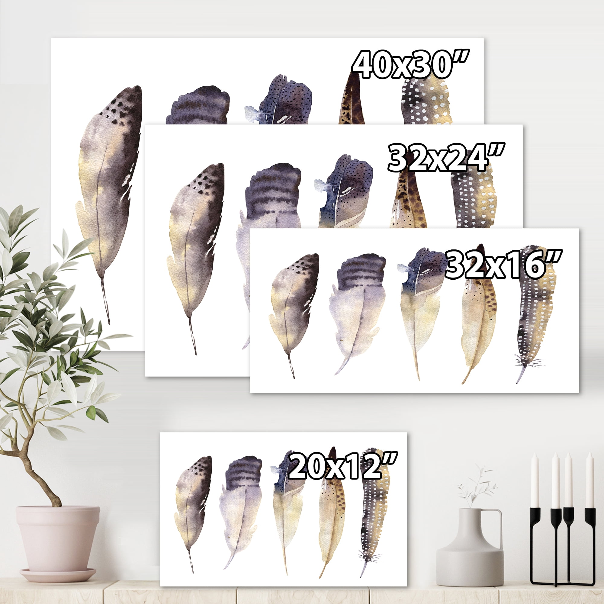 Designart ' Dark Gray Feathers Boho Ethnic II ' Bohemian & Eclectic Canvas Wall Art Print