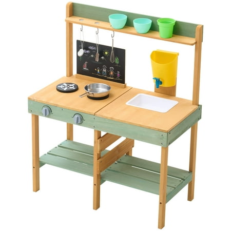 KFFKFF Children's Mud Kitchen, Playset Made of Wood, Outdoor Miniature Supermarket Setup for Toddlers, Imaginative Kitchen Play with Planting Box, Cooking Range, Reservoir, Tap, Chalkboard