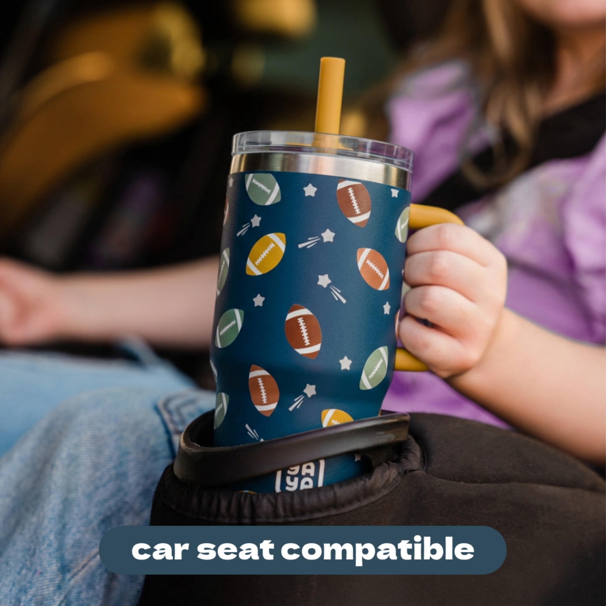 YAYA My First Travel Tumbler for Preschool & Kids 3+, Insulated Stainless Steel Tumbler with Reusable Silicone Straw & Spill-Proof Lid, Cup Holder Compatible, BPA-Free, 12oz, Football