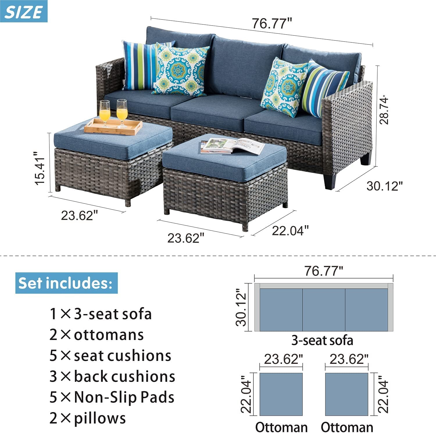 Ovios 3-Piece Outdoor Furniture Set All-Weather Wicker Patio Sofa with Cushions for Conversations