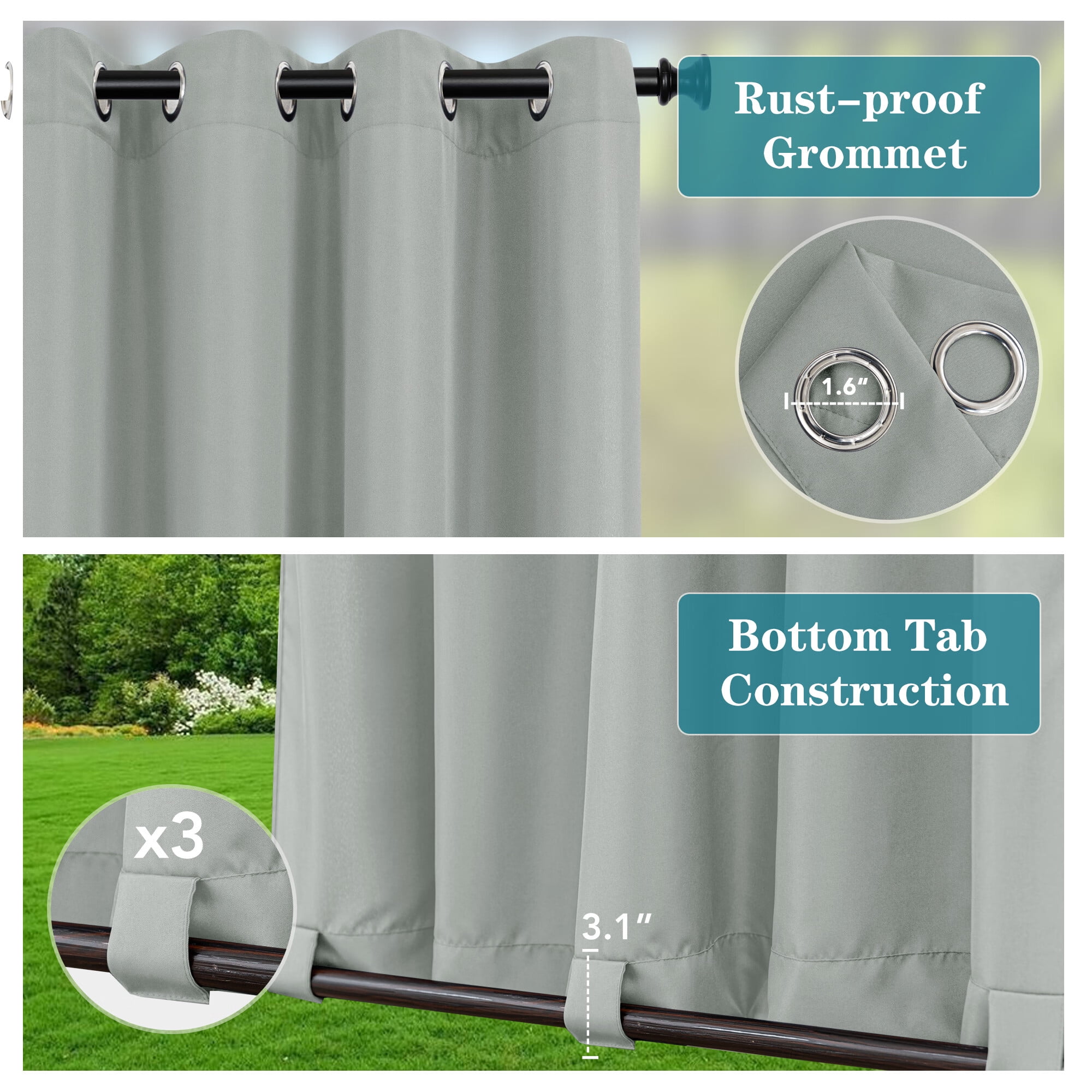 LUSHVIDA Outdoor Curtains for Detachable Sticky Tab Top Patio Waterproof Outside Curtains for Gazebo, Porch, Pergola, Privacy Curtain, 54 x 108 inch, 1 Panels, Silver
