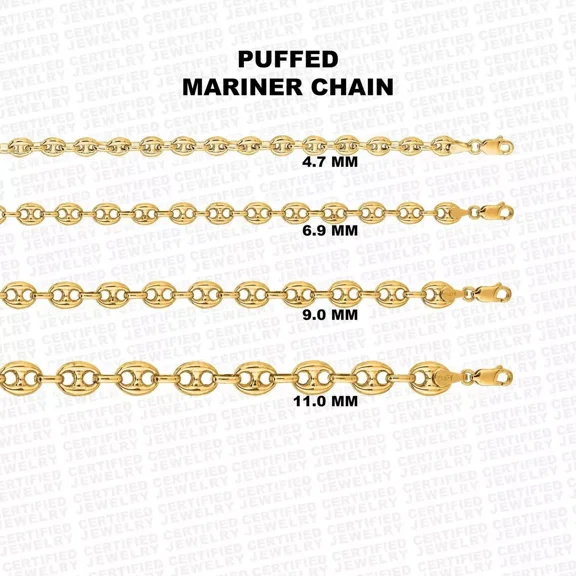 14K Yellow Gold Puffed Mariner Chain Necklace, 18" To 24" Inch, 4.7mm To 11mm