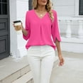 thumbnail image 5 of YueHuiYing Women's Fashion Solid-Color Chiffon Blouse with Mid-Length Sleeves Pleated V-Neck Loose Fit, 5 of 7