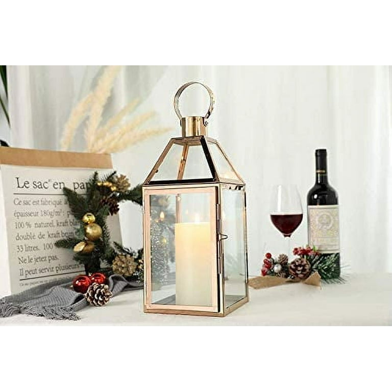 JHY Design Rose Gold Decorative Lanterns 16 inch High Stainless Steel  Candle Lanterns with Tempered Glass for Indoor Outdoor Events Parities and