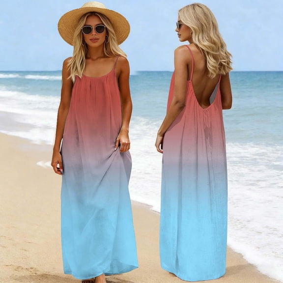 Sleeveless Backless Spaghetti Strap Long Sundress for Women, Flowy Summer Cami Dress