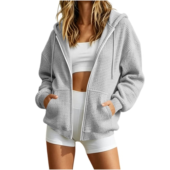 Perfectbot Women's Waffle Zip Up Hoodie Textured Knit Casual Long Sleeve Hooded Sweatshirt