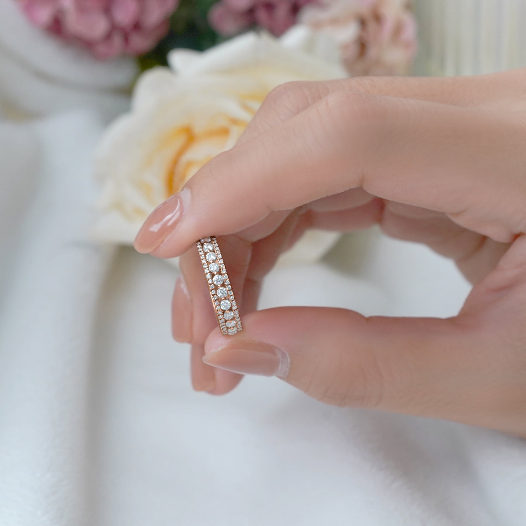 JeenMata Double Pave - 0.75 Carat Round Brilliant Cut Moissanite - Eternity Anniversary Ring - 18K Rose Gold Plating for Women