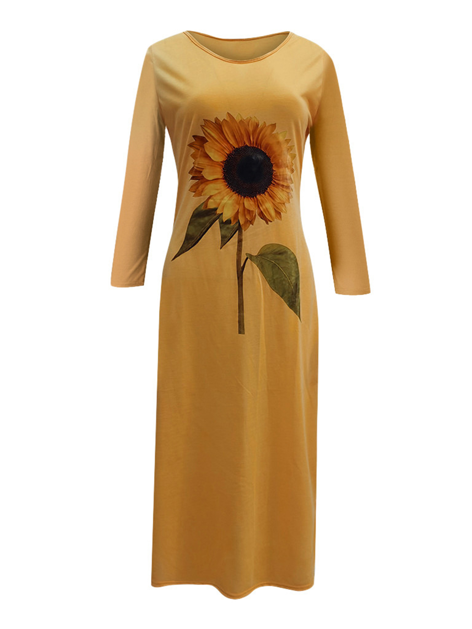 Women's Casual Sunflower Print Long Sleeves Ruffle Dress Print Boho Sundress - image 3 of 3