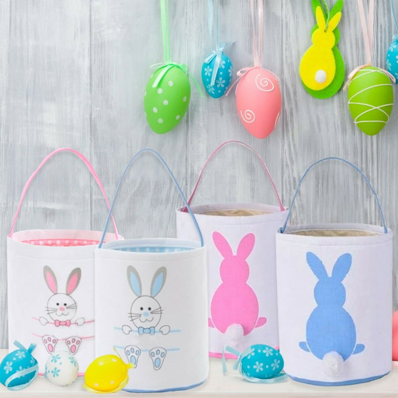 Spring Easter Baskets Hampers for Children Kids 2 PCS Easter Egg Hunt Baskets Easter Gifts Bags for Eggs Hunting Easter Bunny Bags with Handle Candy Chocolate Egg Carry Bucket at Easter Party