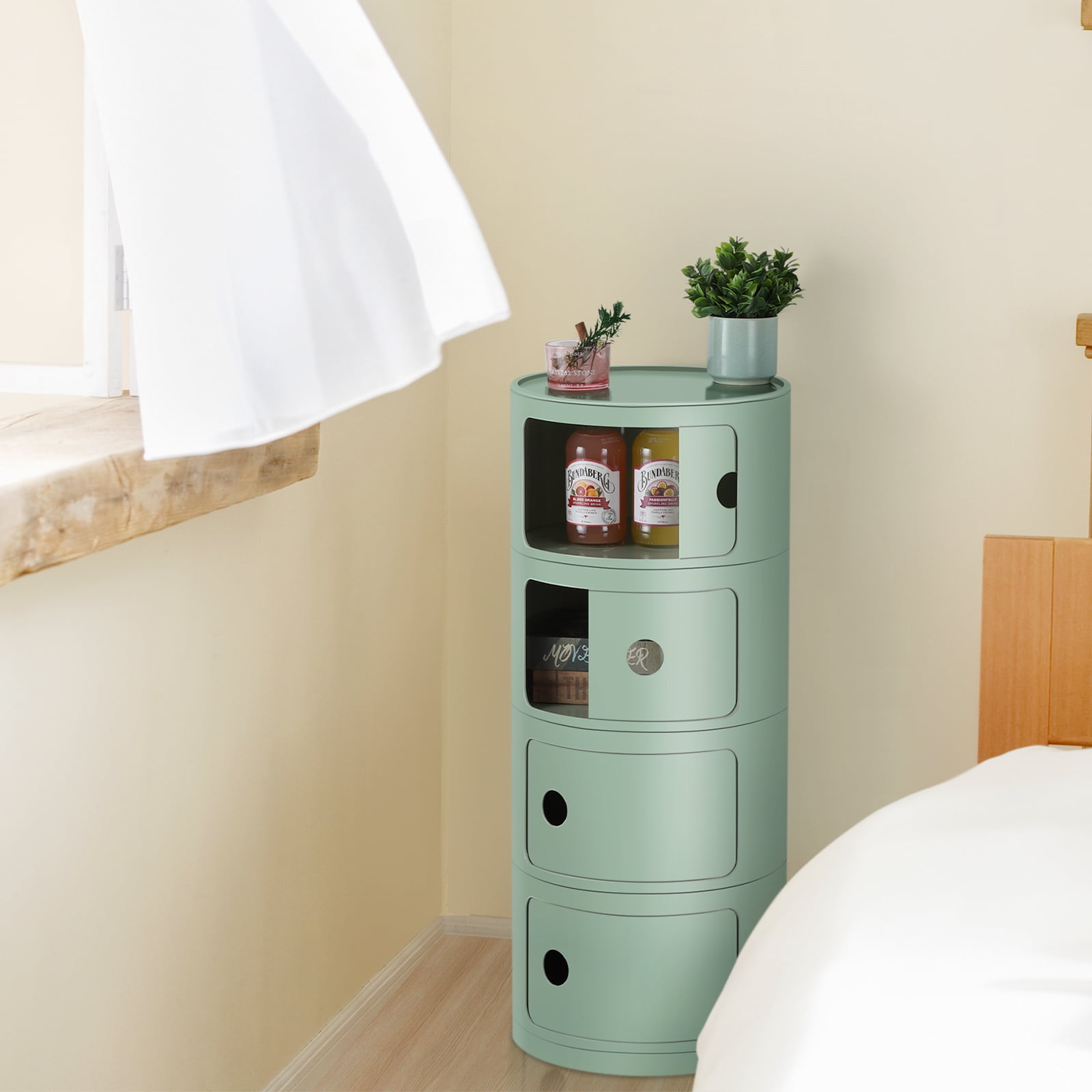 4 Drawer Sliding Barrel Modern Bedroom Nightstand, Matcha Green