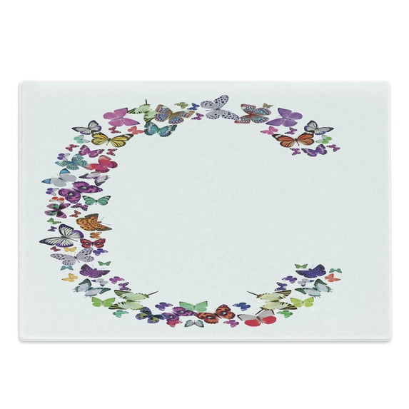Letter C Cutting Board, Natural Grace Inspired Theme Butterflies Flying Together and Colorful Design, Decorative Tempered Glass Cutting and Serving Board, Large Size, Multicolor, by Ambesonne