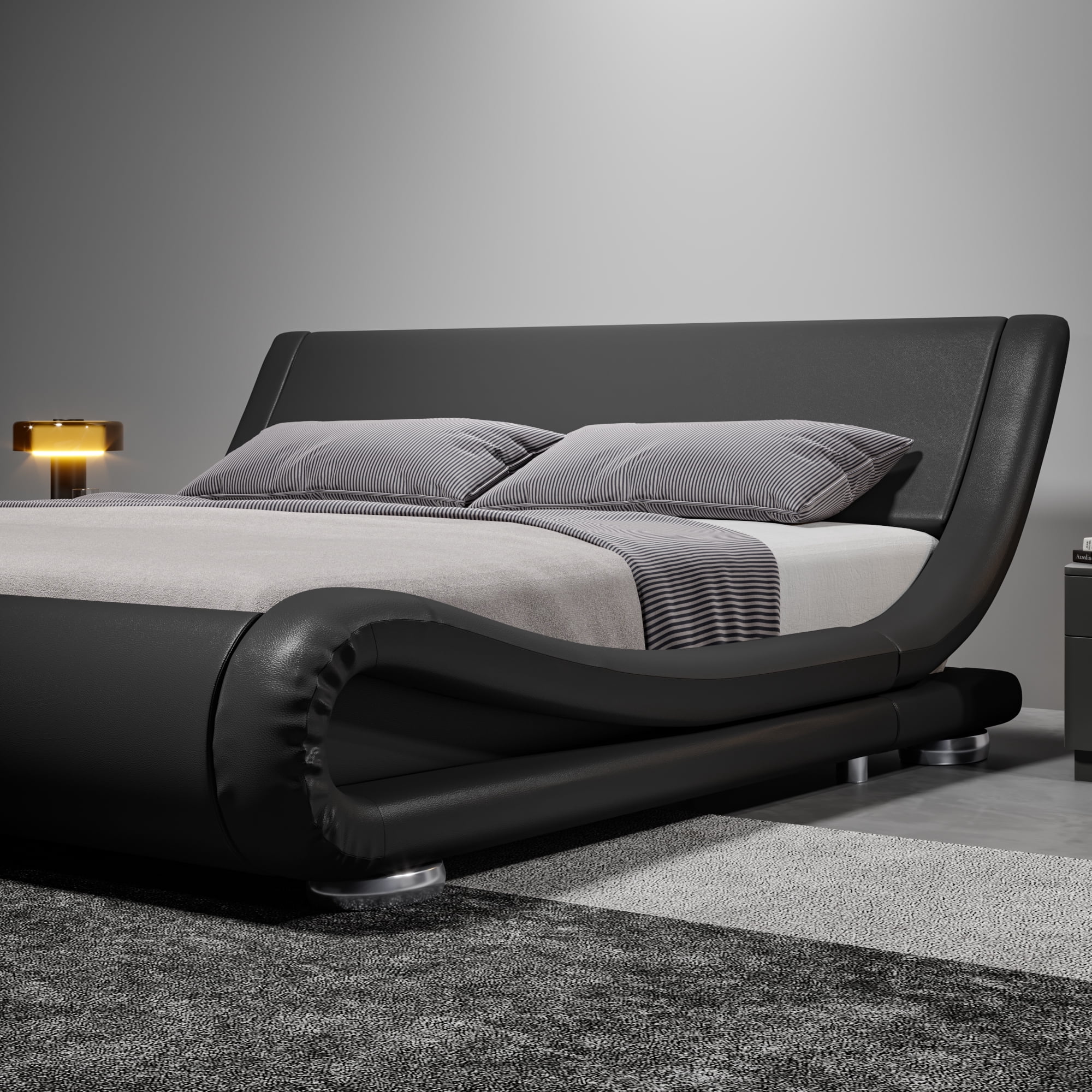 Merrland Queen Size Low Profile Sleigh Leather Platform Bed with Faux Leather Ergonomics Headboard, Black