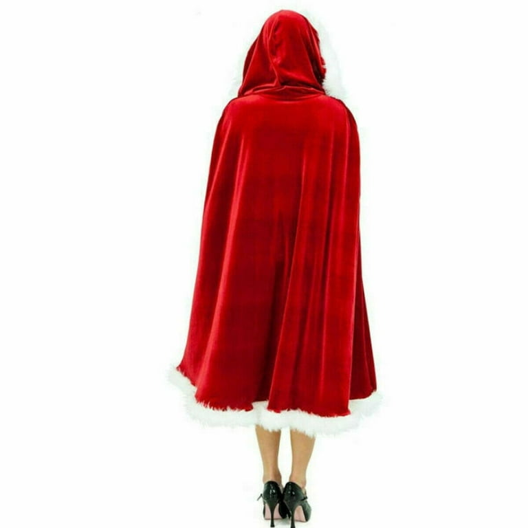 Red Velvet Cape Hood White Fur Trim Long Length Tie Front Xmas Caroler  Costume
