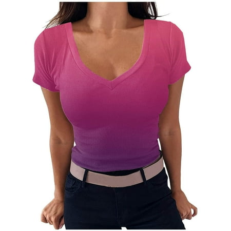 

Long Sleeve Shirts for Women Long Sleeve Crop Top Women s Trendy Printed V-Neck Loose Fit Short Sleeve T-shirt Pullover Tops Going Out Tops Square Neck Tops for Women on Sale Clearance Red 2XL