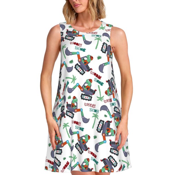 Balery Dinosaur on Excavator2 Vestidos de verano para mujer con estampado: vestido holgado sin mangas, vestido playero informal y cómodo para días calurosos.