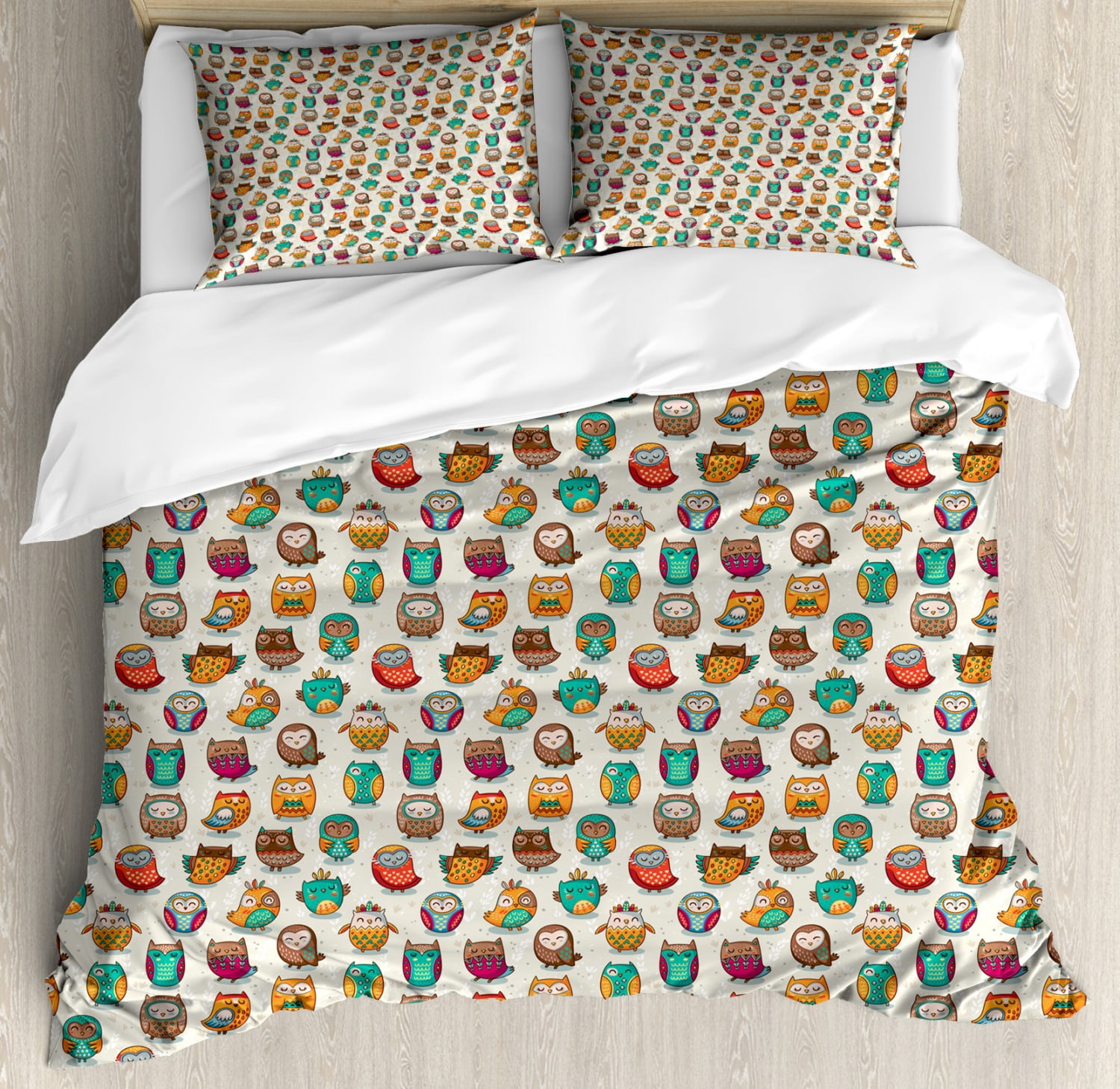 Owls Duvet Cover Set Queen Size, Cartoon Style Cheerful Animal Figures