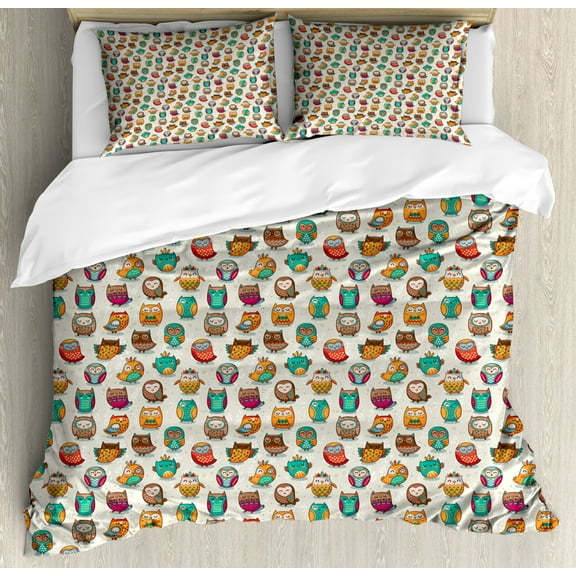 Owls Duvet Cover Set King Size, Cartoon Style Cheerful Animal Figures with Native Primitive Patterns Funny Childish, Decorative 3 Piece Bedding Set with 2 Pillow Shams, Multicolor, by Ambesonne