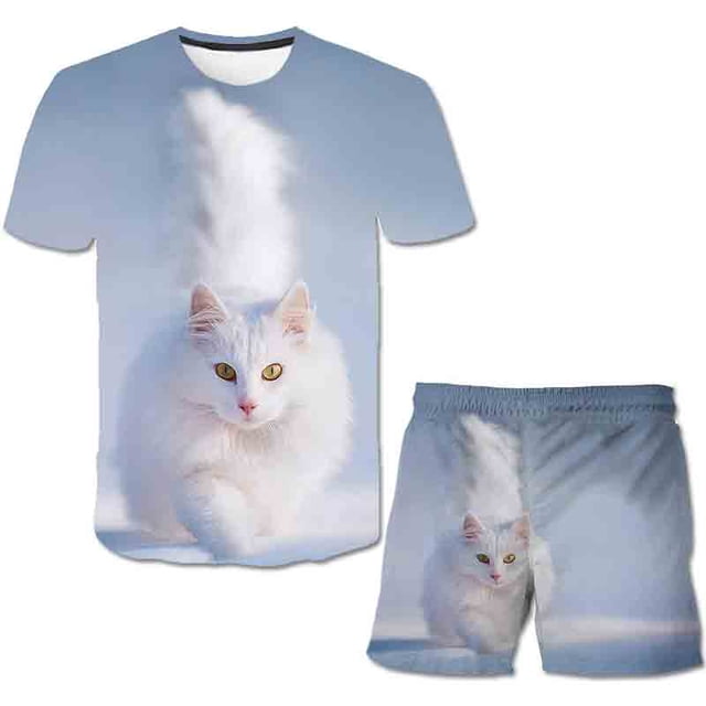 2023 gatos nuevos conjuntos de ropa de verano para niños y niñas, camisetas y pantalones cortos de manga corta encantadores de dibujos animados, 2 uds., traje informal de cuello redondo, trajes 12T Gao Jinjia LED