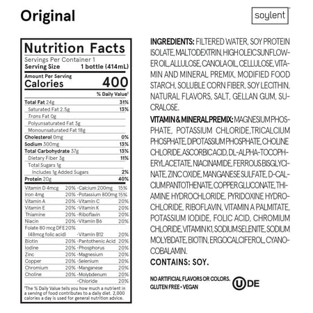 Soylent Vegan Meal Replacement Shake 14 Oz Ready to Drink Plant Protein Shakes, 12 Pack, Original
