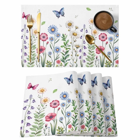 Spring Floral Placemats Set of 8, Pink Blue Flowers Botanical Butterflies Placemats for Dining Table, Place Mats for Kitchen Tabletop, Waterproof Wipeable Dining Table Mats Set