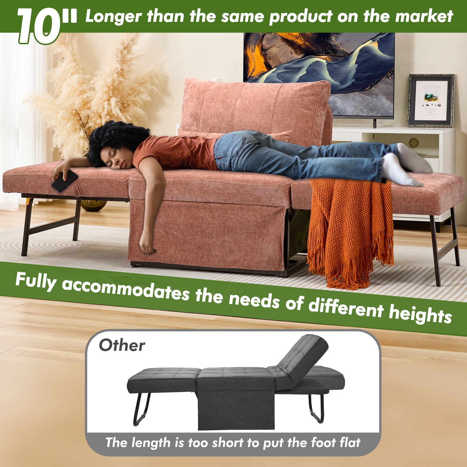 zzw 5-in-1 Convertible Sleeper Sofa Chair, Adjustable Linen Folding Ottoman Bed, Assembly-Free for Apartment Living Room