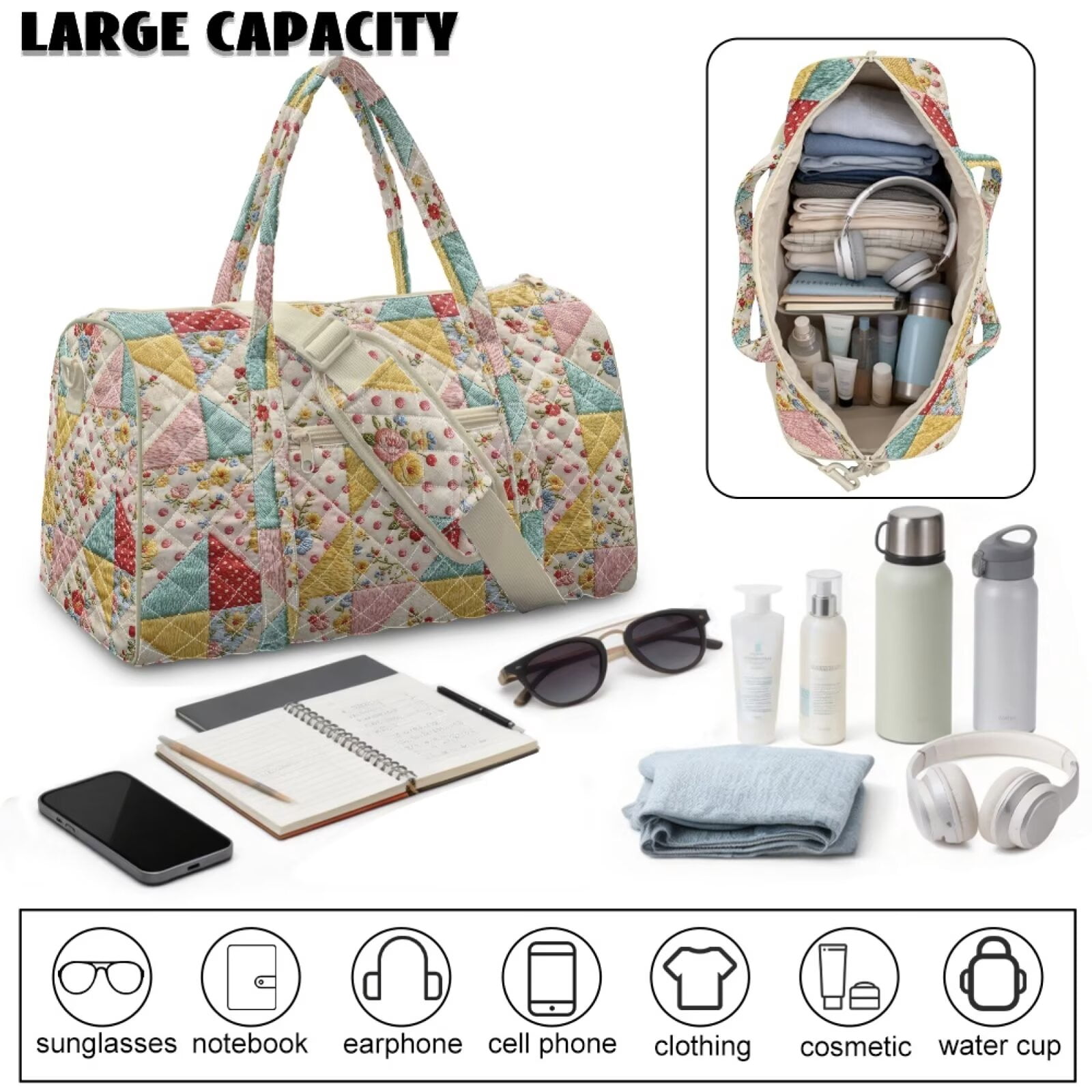Chririnla Airline Approved Carry On Bag for Women Soft Weekender with Fit Under Seat Design & Smooth Zipper Pocket Travel, Floral Patchwork Print