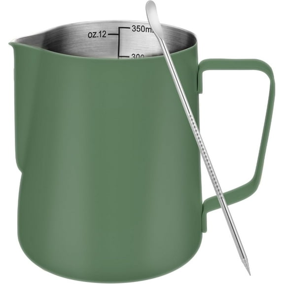 chalian-Milk Frothing Pitcher, 12 oz Milk Frother Cup with Clear Scale, 304 Stainless Steel Cappuccino Espresso Machine Accessories for Barista Coffee Bar with Latte Art Pen, Green
